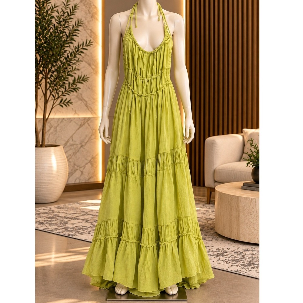 Free People Women Maxi Dress Extratropical Tiered Halter Chartreuse Green XL